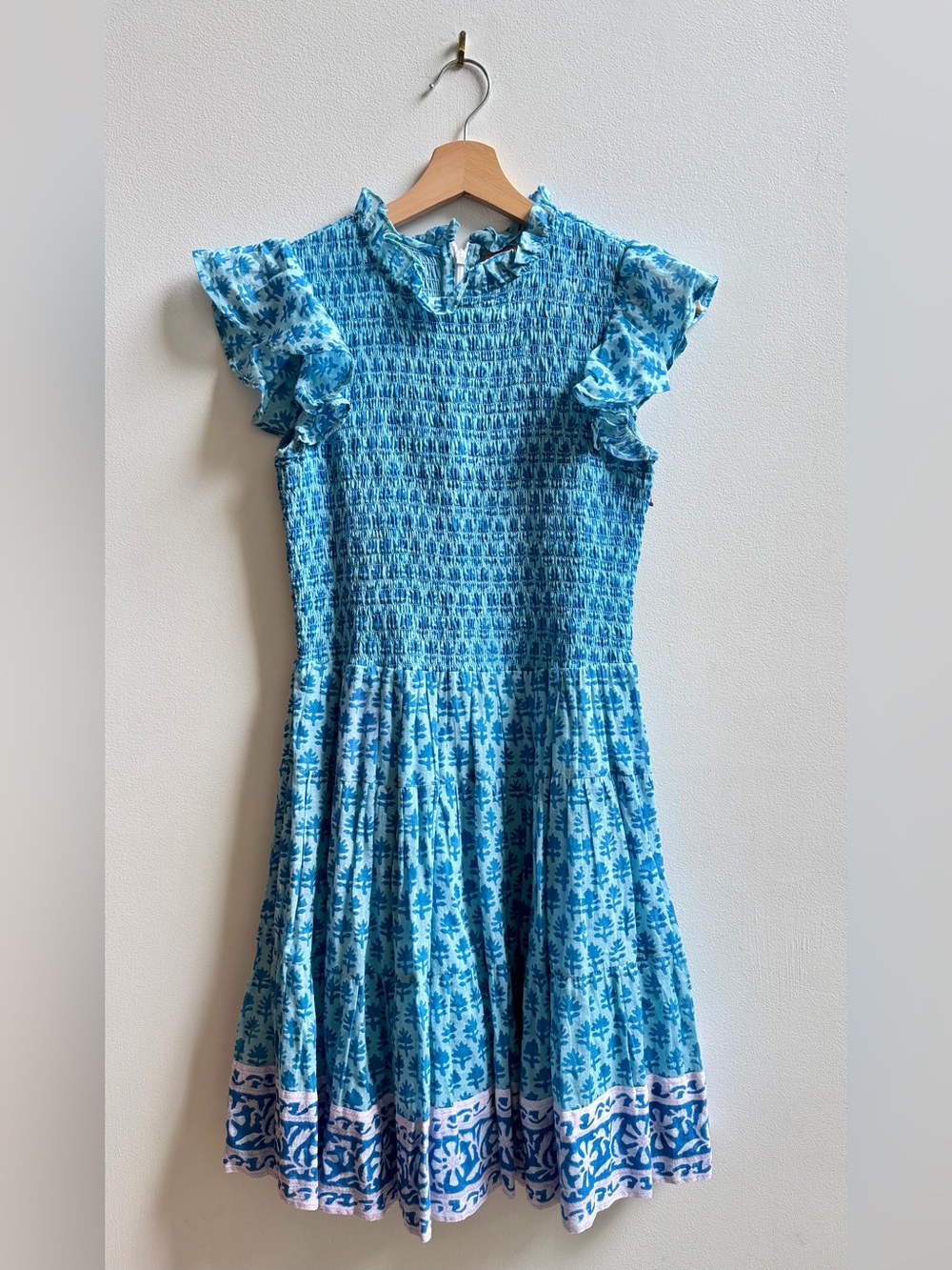 Oliphant Fern Smocked Flirty Short Dress Fern Blue Women’s Size Small 100%Cotton